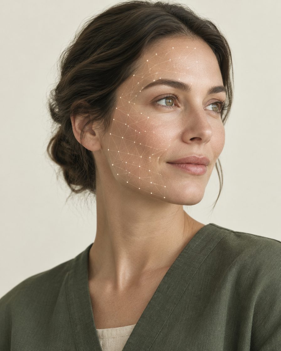 A woman's face with a fine scanning mesh mapped across her cheek